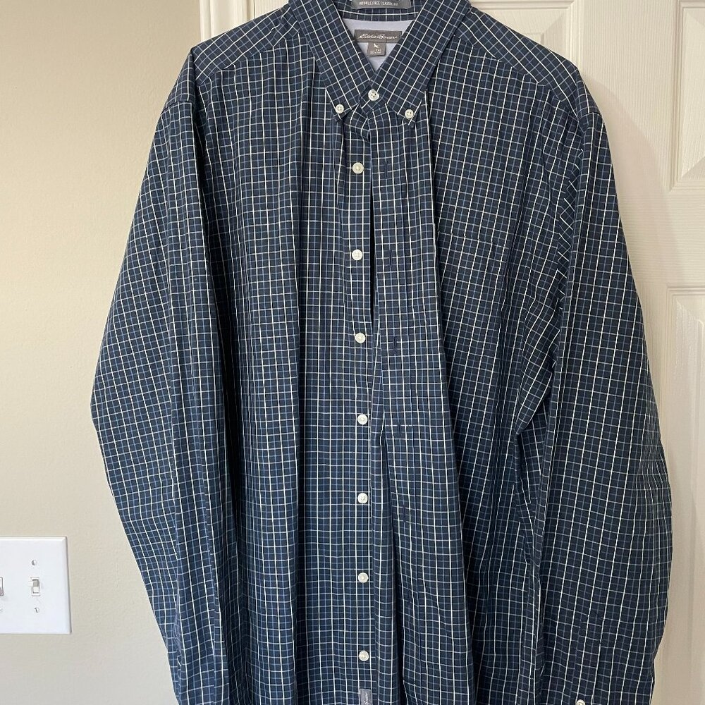 Eddie Bauer, Men's Getaway Flex Long-Sleeve Shirt, Navy Plaid, Size Tall-XL